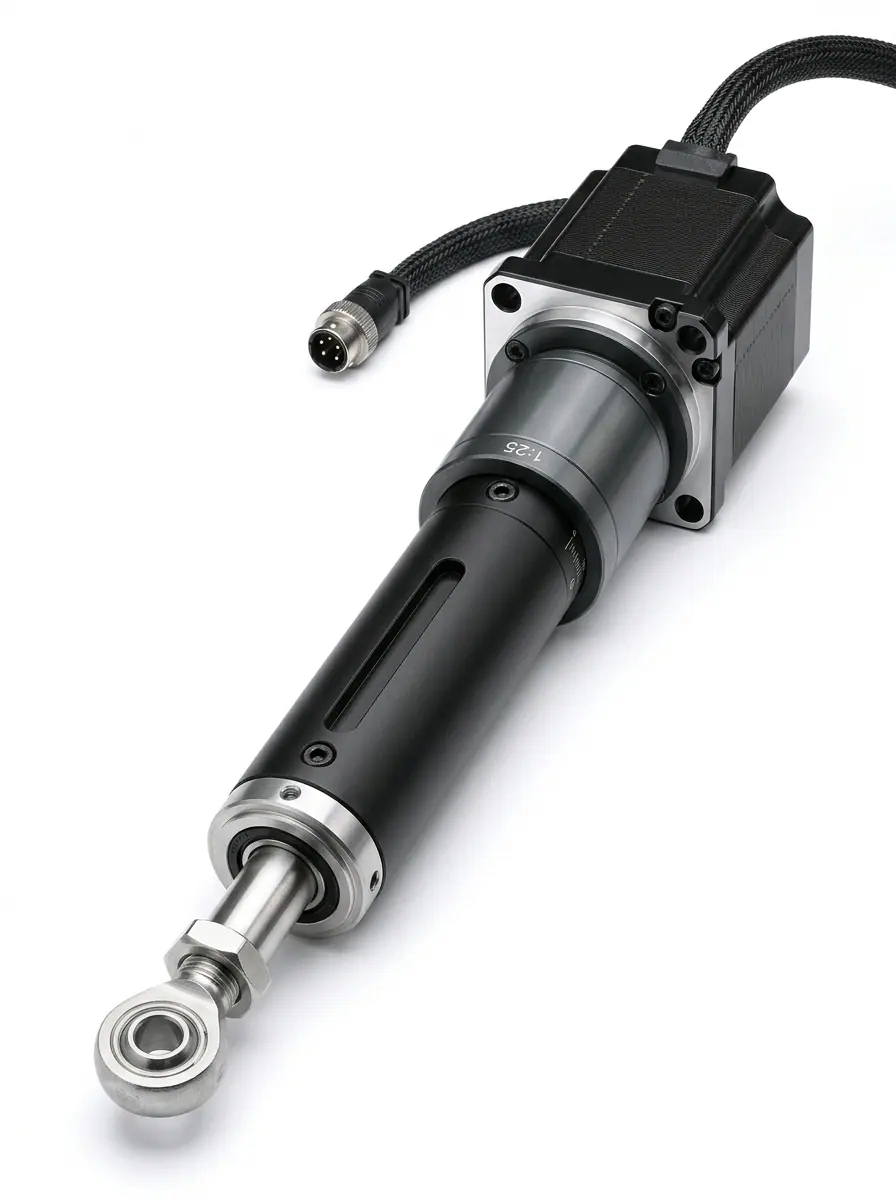 Stepper-motor linear actuator on a white background