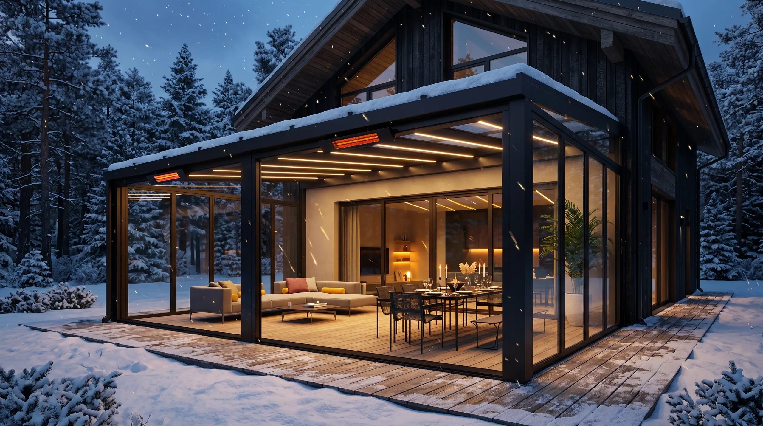 A winter garden glowing in falling snow at a house in the woods