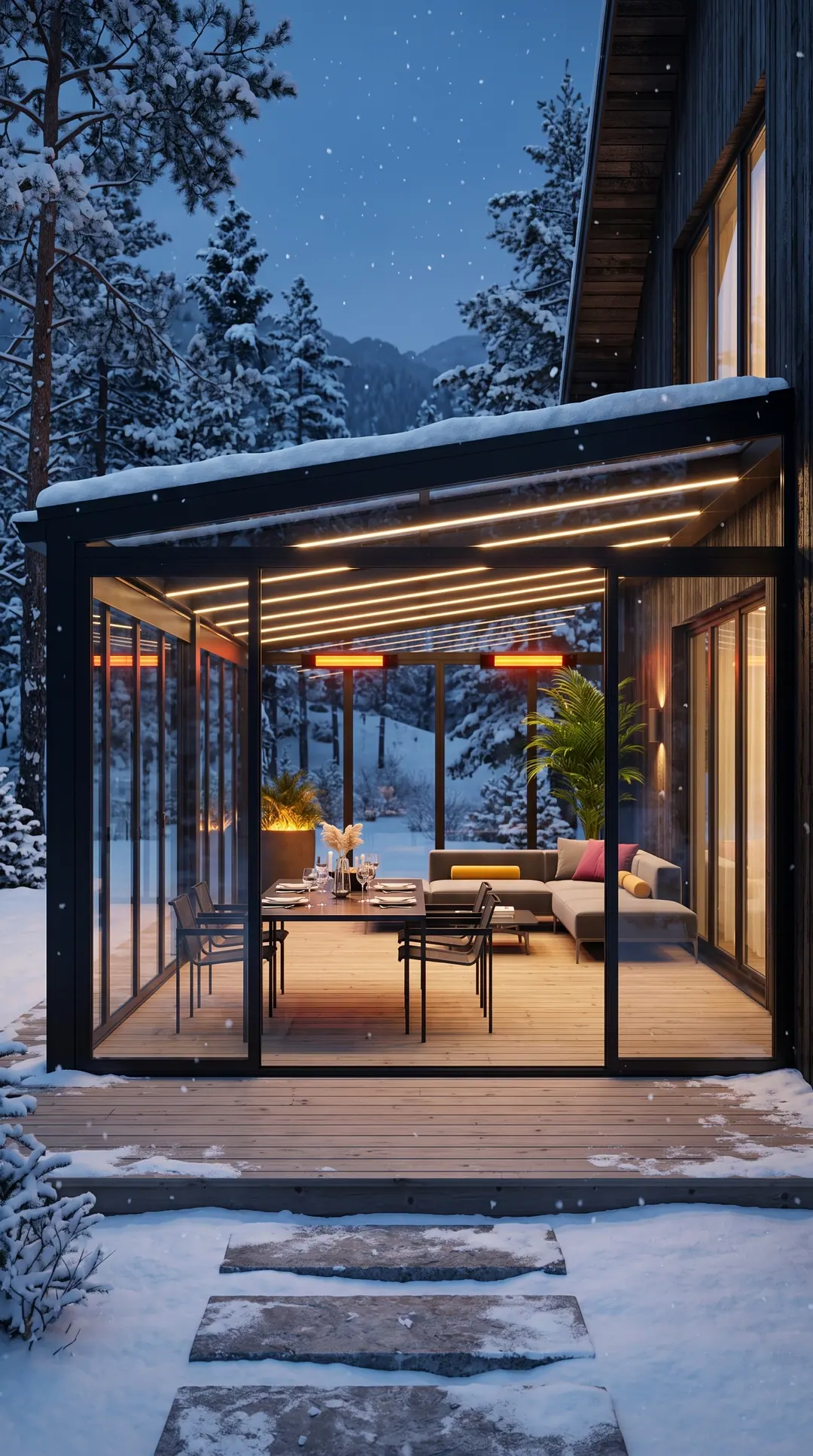 A winter garden glowing in falling snow at a house in the woods