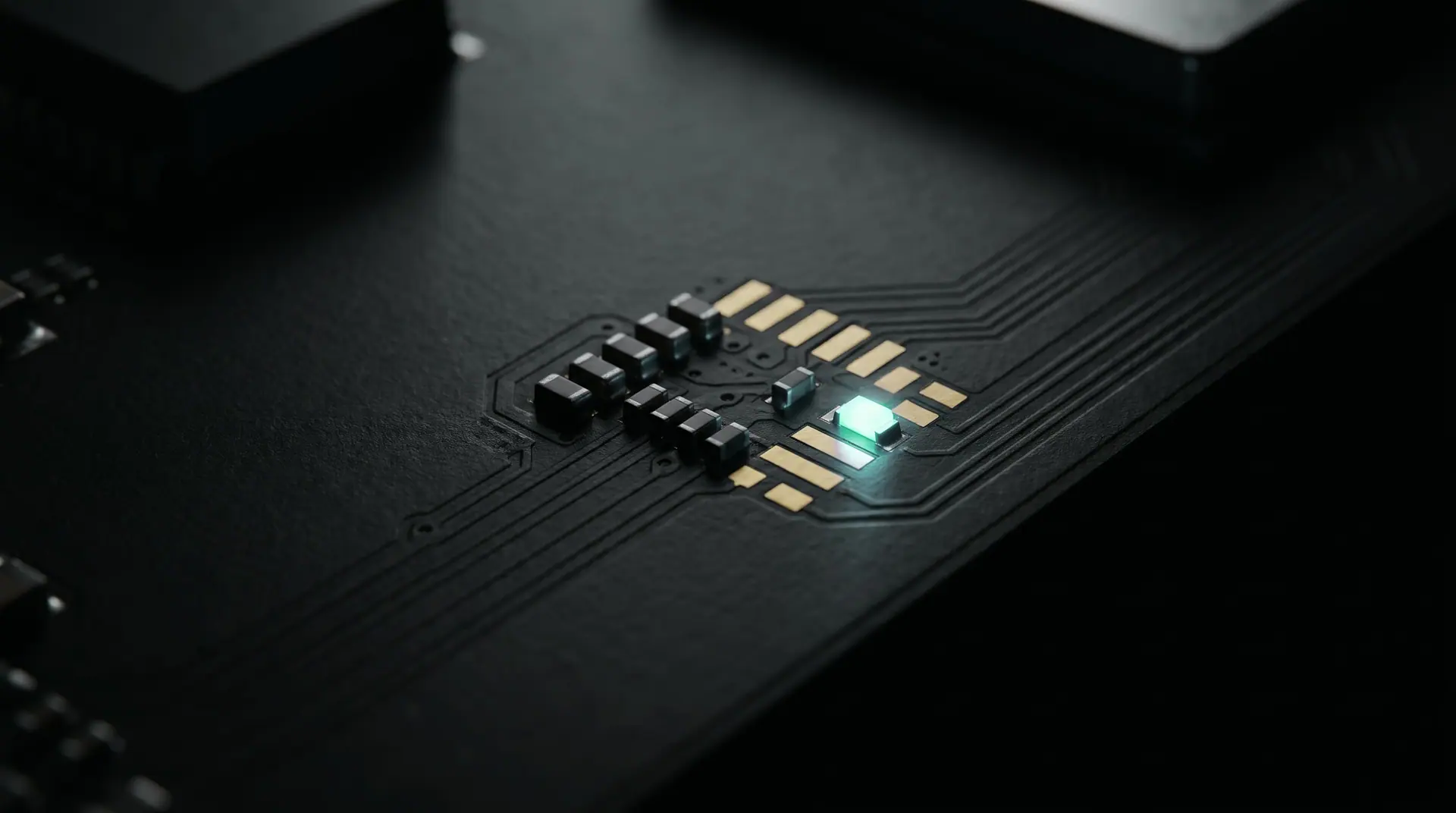 لقطة مقرّبة للوحة دارات داكنة يضيئها مصباح LED أزرق واحد