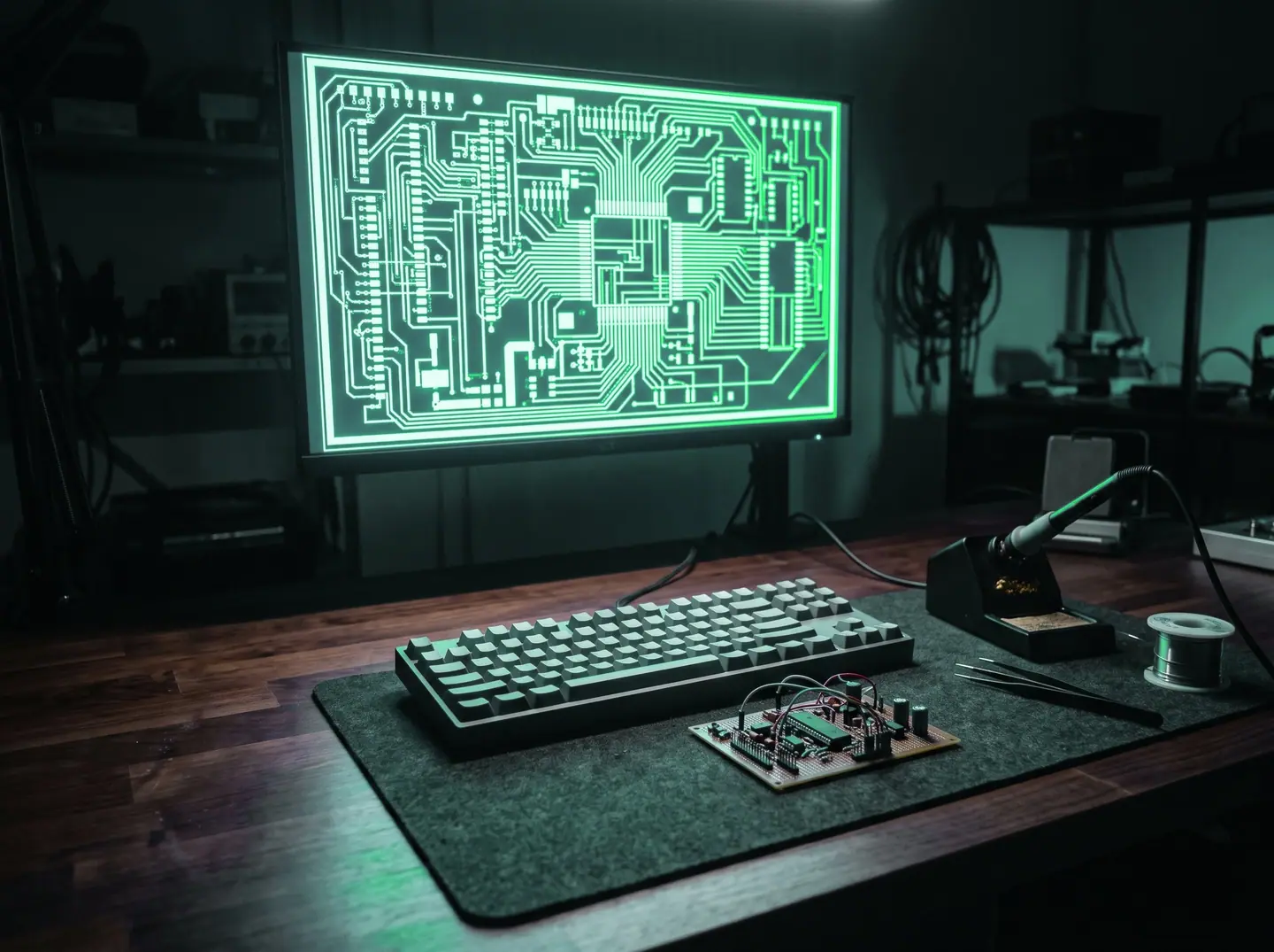 Ekranda soyut bir PCB çizimi bulunan mühendislik masası